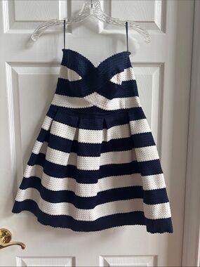 Sans Souci Navy and White Striped Fit-and-Flare Dress